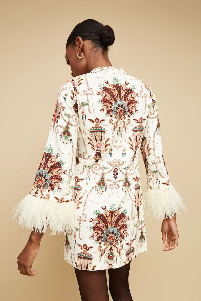 CC Printed Feather Trim Mini Dress