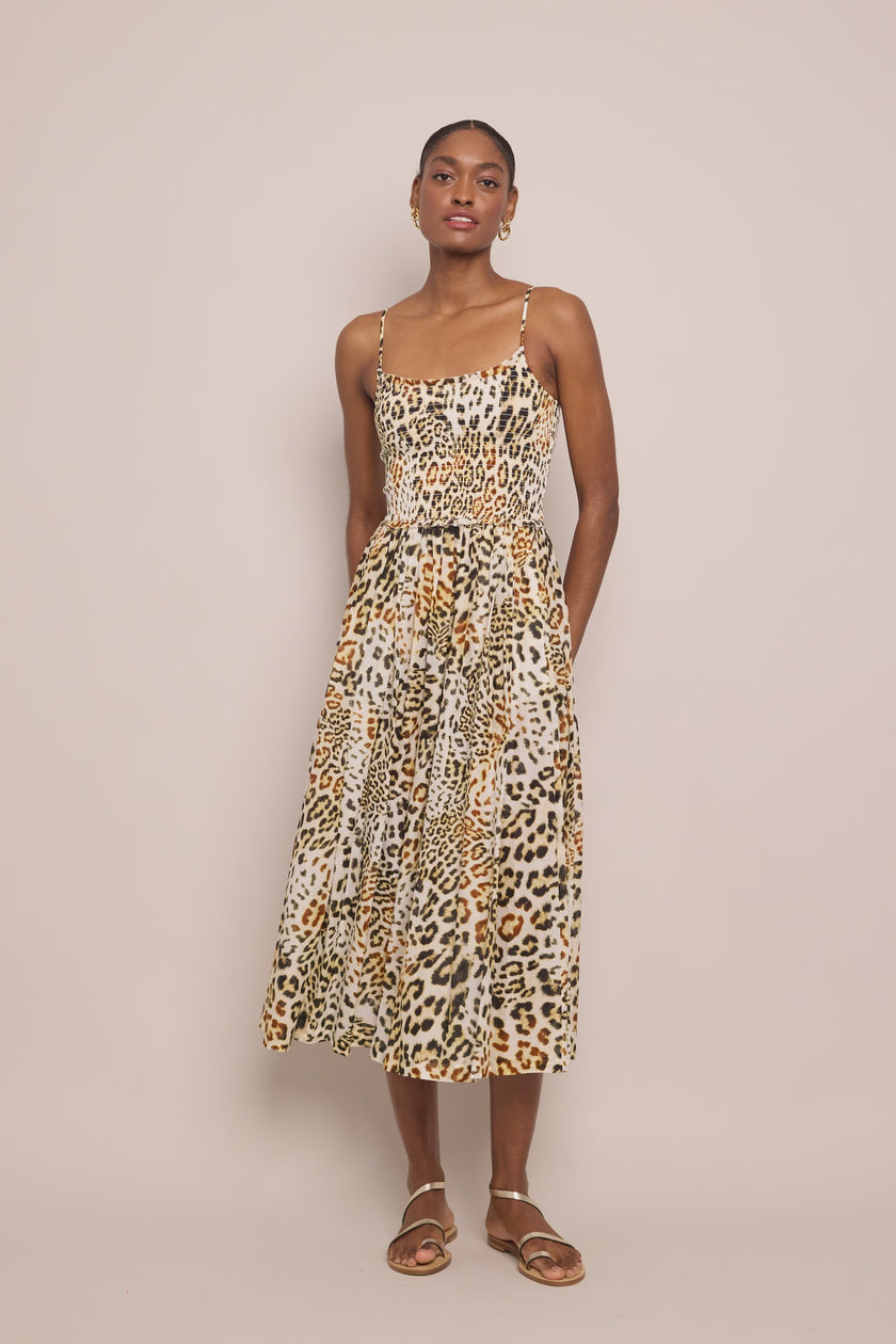 CC Cheetah Smocked Midi Dress