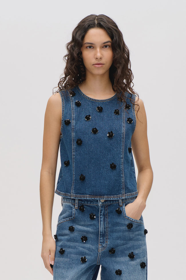 BAU Denim Sequin Flower Top