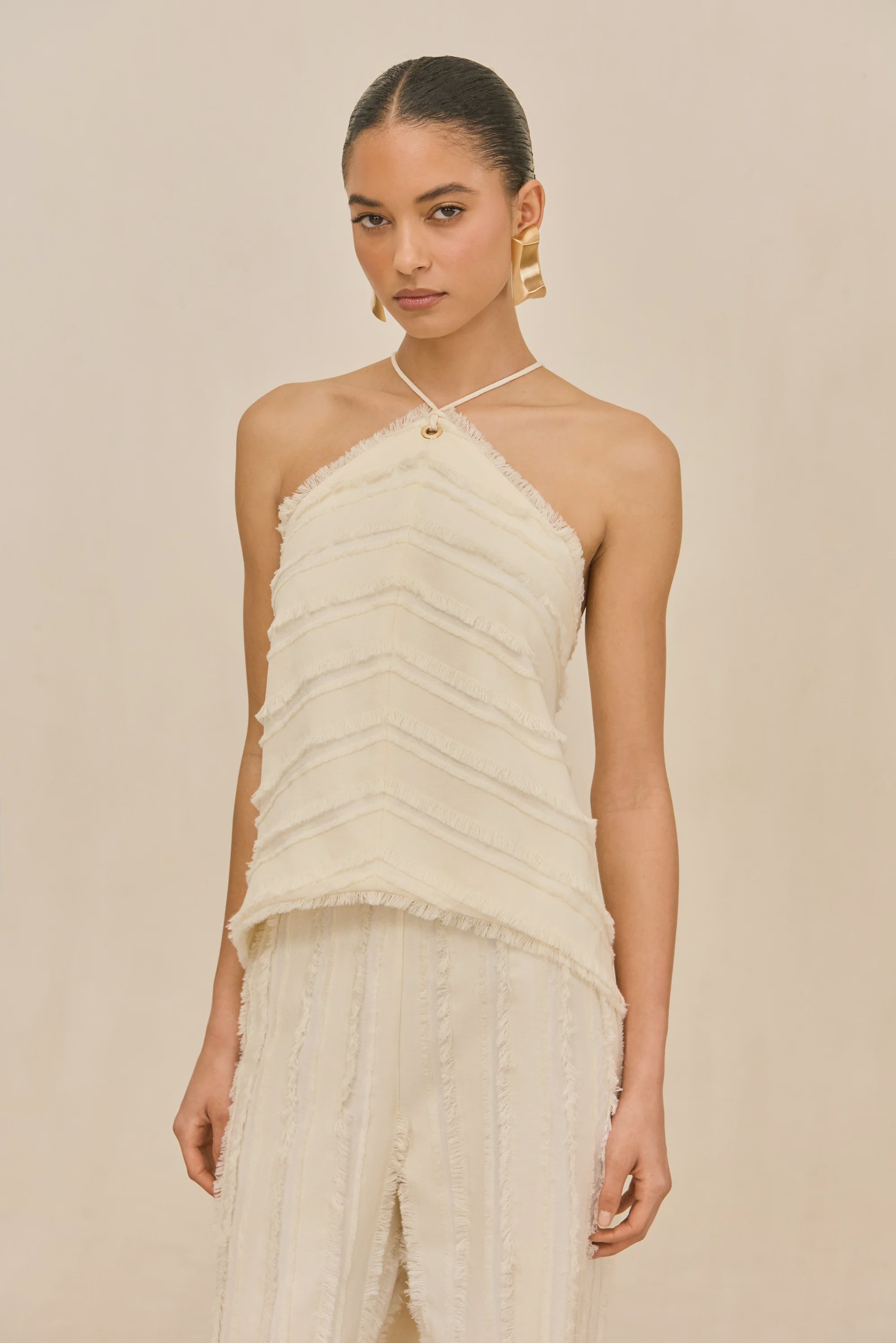 CUT Cascading Fringe Halter Top