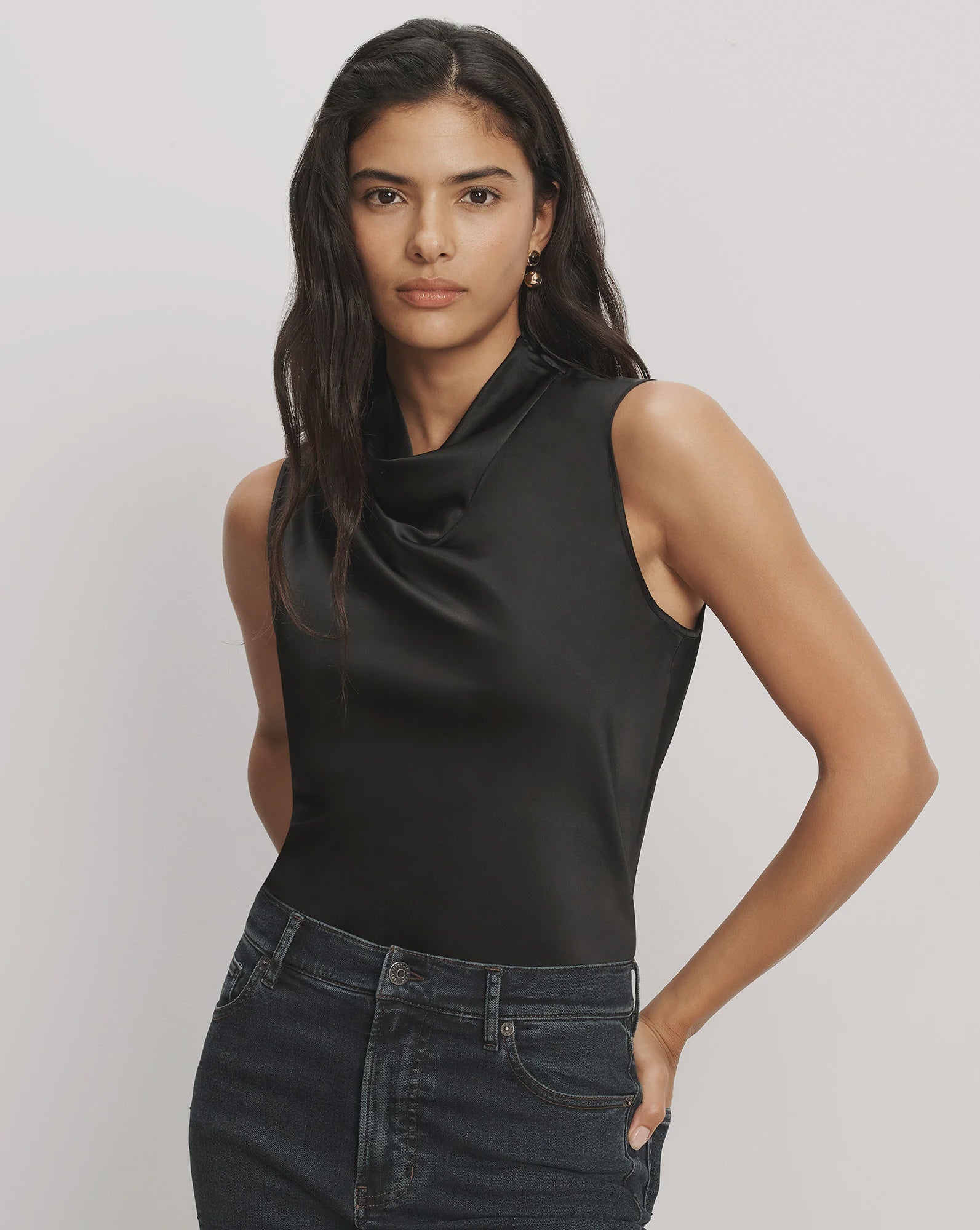 VER Black Satin Sleeveless Top