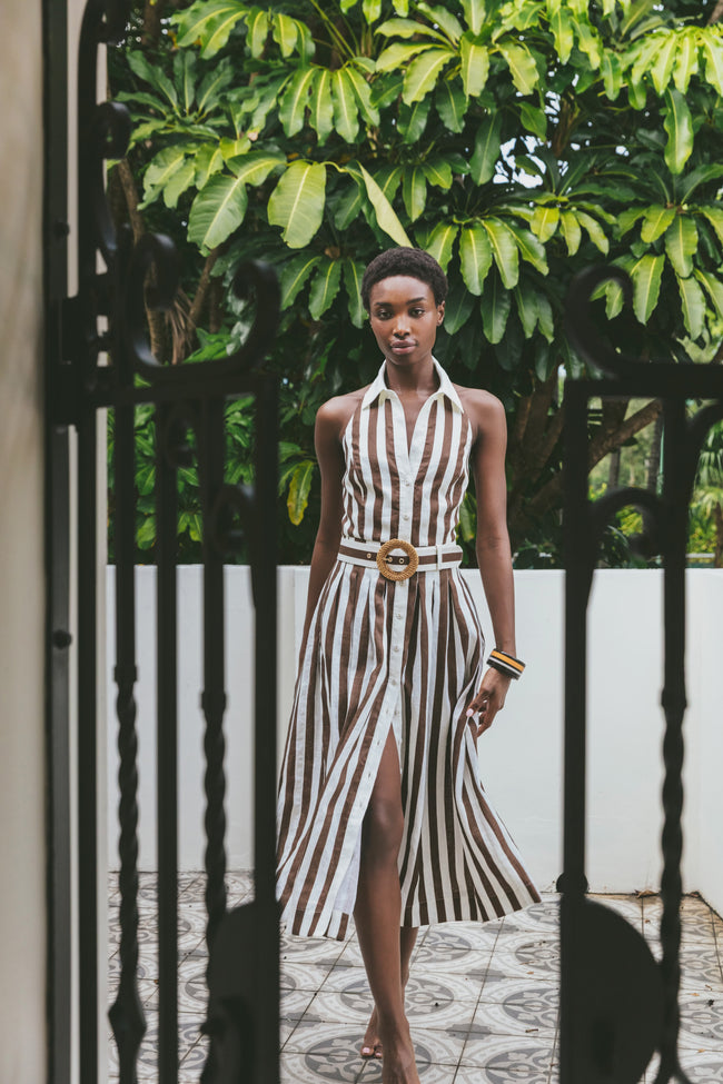 CC Striped Halter Midi Belted Dress