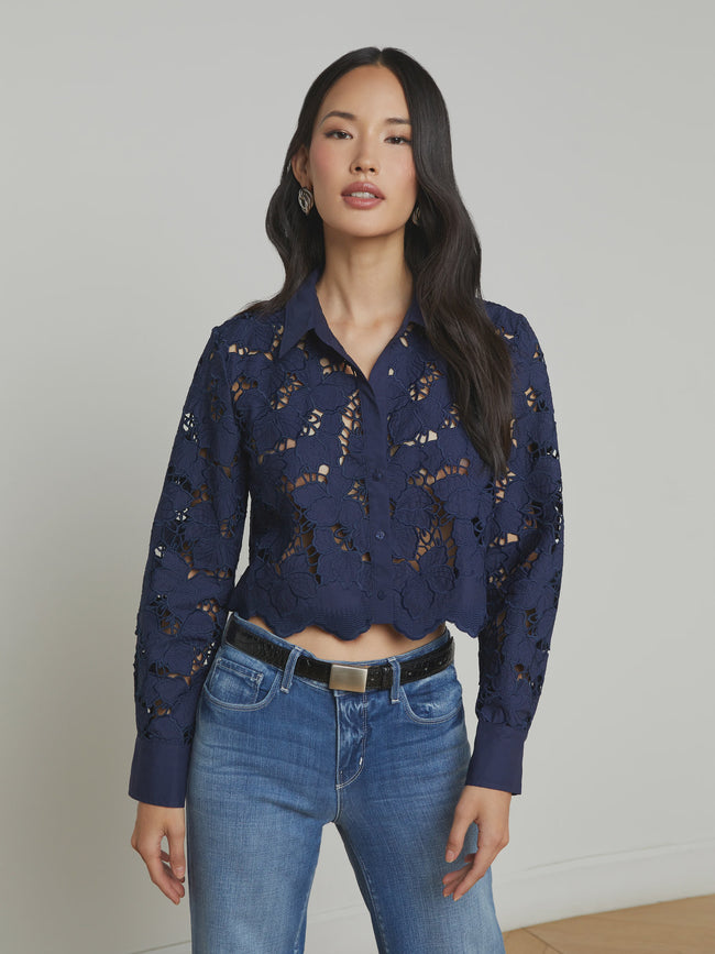 L'A Lace Cropped Navy Blouse