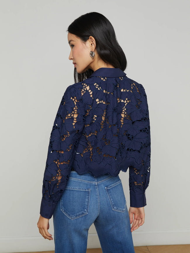 L'A Lace Cropped Navy Blouse