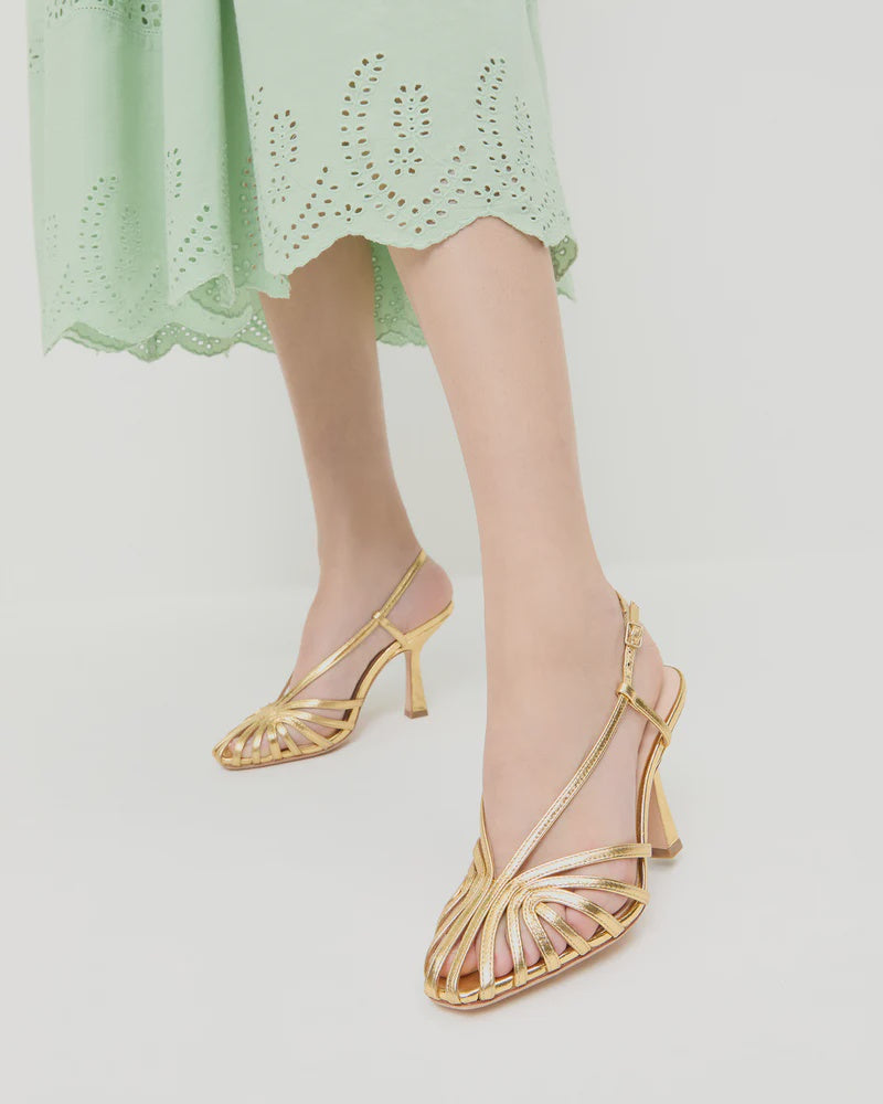 LOF Gold Slingback Lattice Heel
