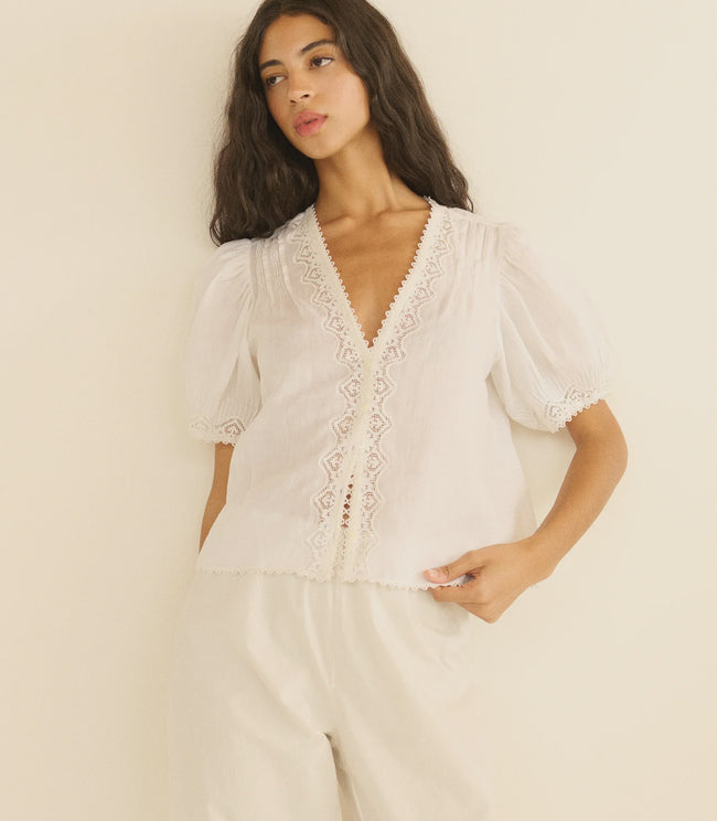 DOE Lace Trim V Neck Blouse