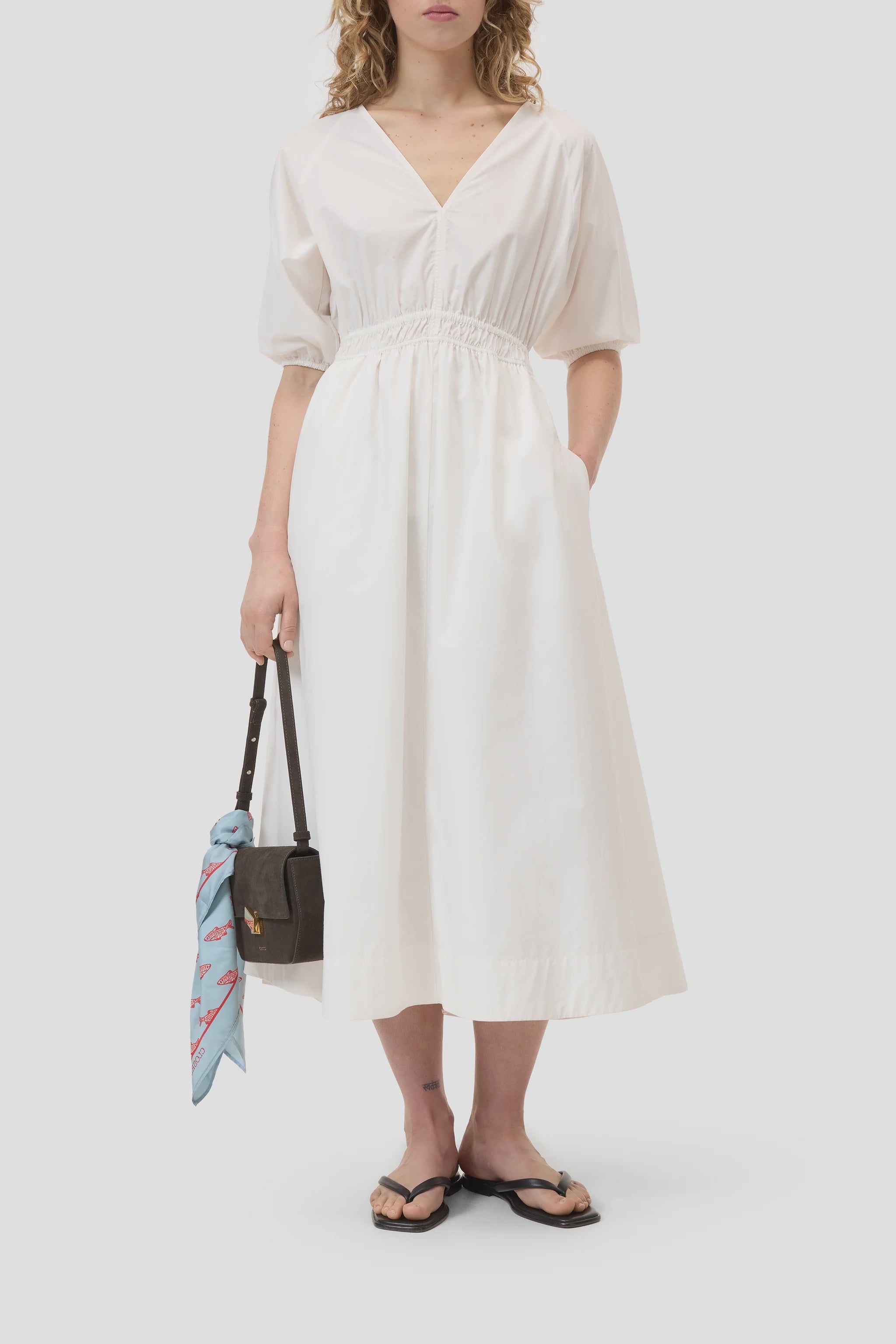 CLO V Neck Gathered Waist Dress