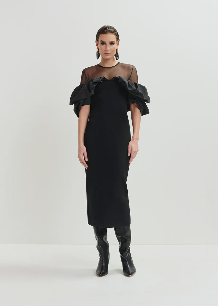 ESS Sheer Shoulder Ruffle Dress