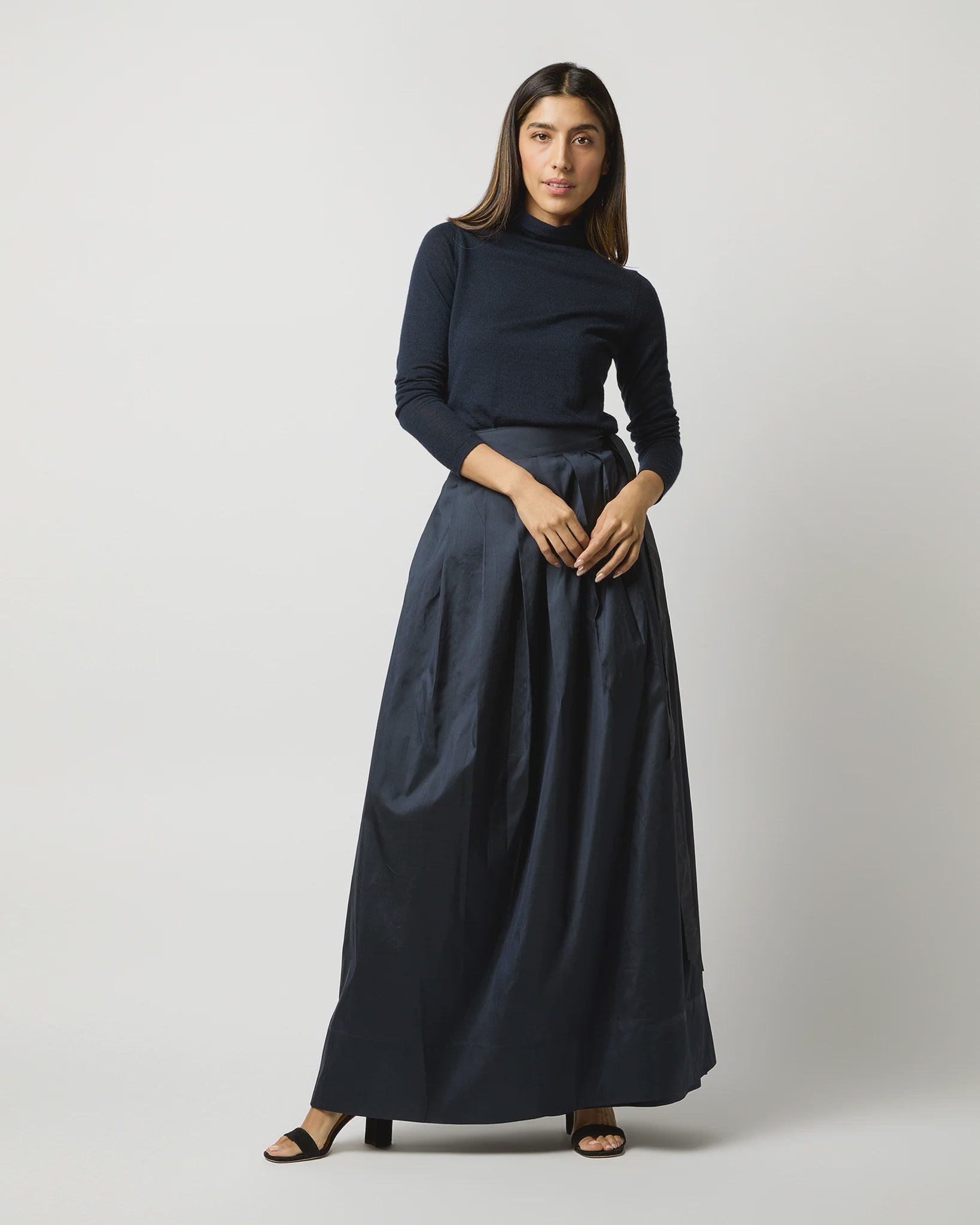 AM Navy Silk Pleated Skirt
