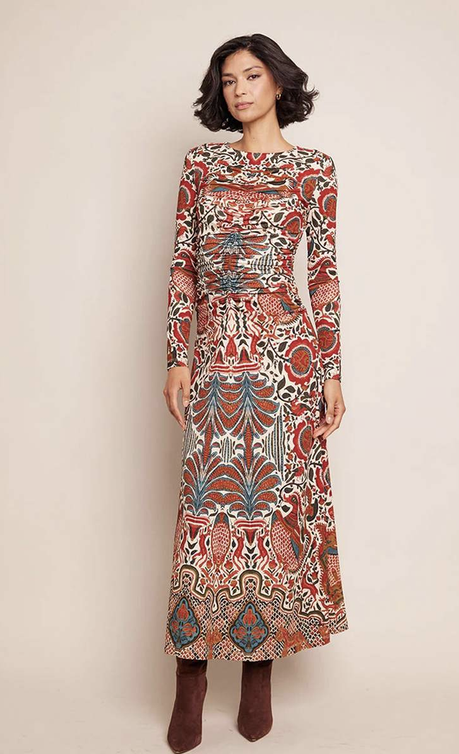 CC Long-Sleeve Floral Ruched Midi Dress